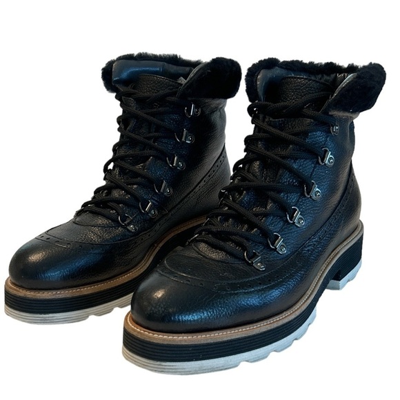 VALENTINA Italy Black Leather Lace Up Ankle Boots Faux Fur Trim Size 9 - Picture 1 of 9